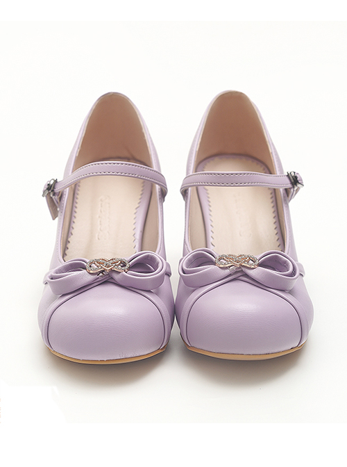 Solid Color Round Head Design Metal Hollow Heart Shape Bow Knot Classic Lolita Simple Medium Heel Shoes