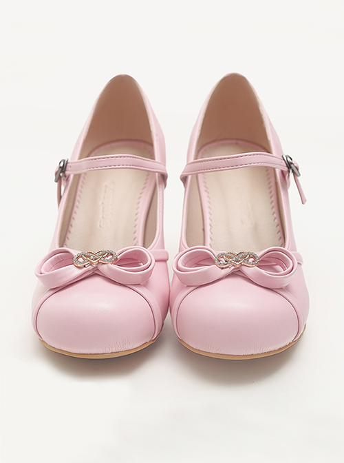 Solid Color Round Head Design Metal Hollow Heart Shape Bow Knot Classic Lolita Simple Medium Heel Shoes