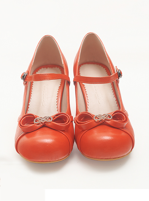 Solid Color Round Head Design Metal Hollow Heart Shape Bow Knot Classic Lolita Simple Medium Heel Shoes