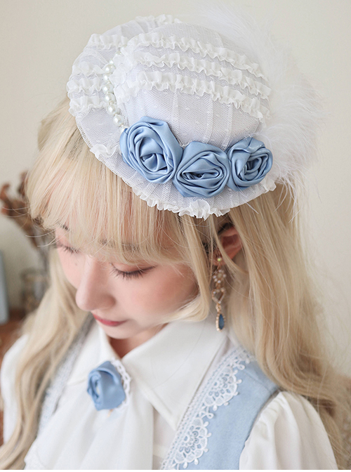 Miss Leisha Series White Feather Ornate Pleated Rose Pearl Trim Grace Classic Lolita Headgear Hat