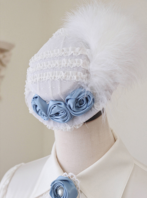 Miss Leisha Series White Feather Ornate Pleated Rose Pearl Trim Grace Classic Lolita Headgear Hat