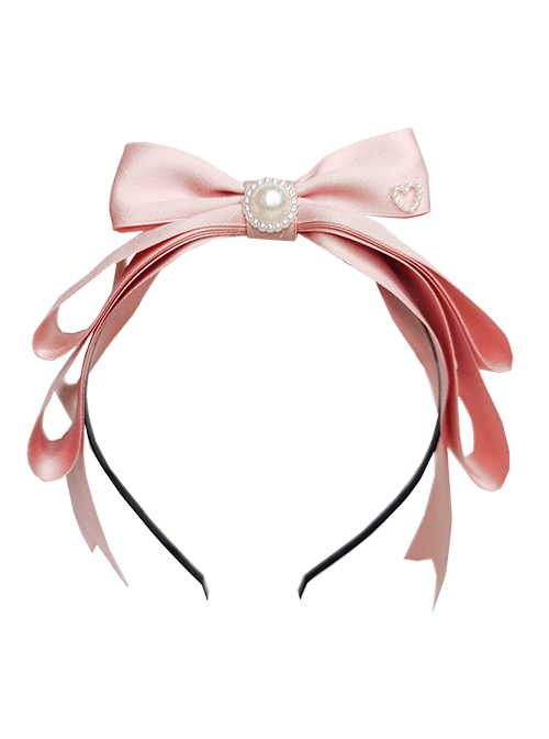 Cute Multi-Layer Bow Knots Design Pearl Heart Shape Decoration Classic Lolita Pink Headband