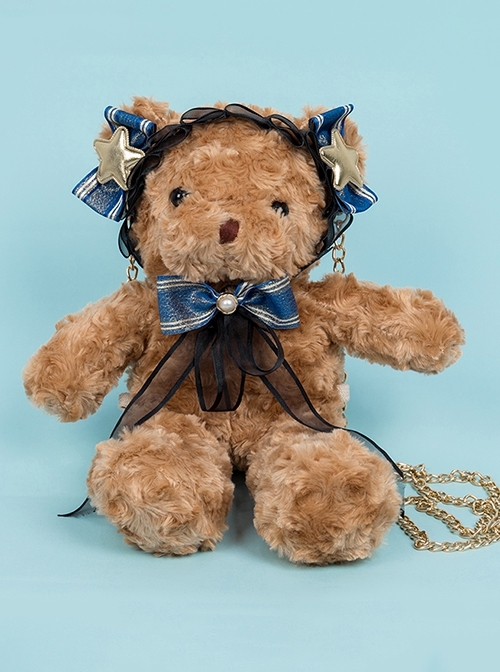 Classic Lolita Handmade Plush Teddy Bear Pleated Design Lace Jewelry Pearl Chain Crossbody Bag