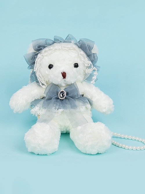 Classic Lolita Handmade Plush Teddy Bear Pleated Design Lace Jewelry Pearl Chain Crossbody Bag