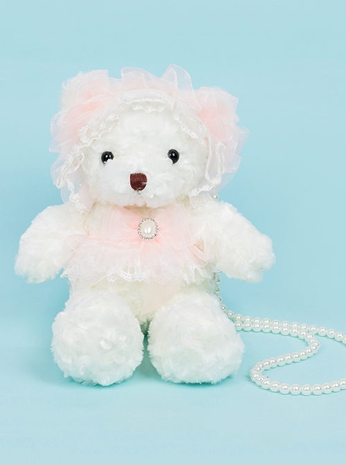 Classic Lolita Handmade Plush Teddy Bear Pleated Design Lace Jewelry Pearl Chain Crossbody Bag