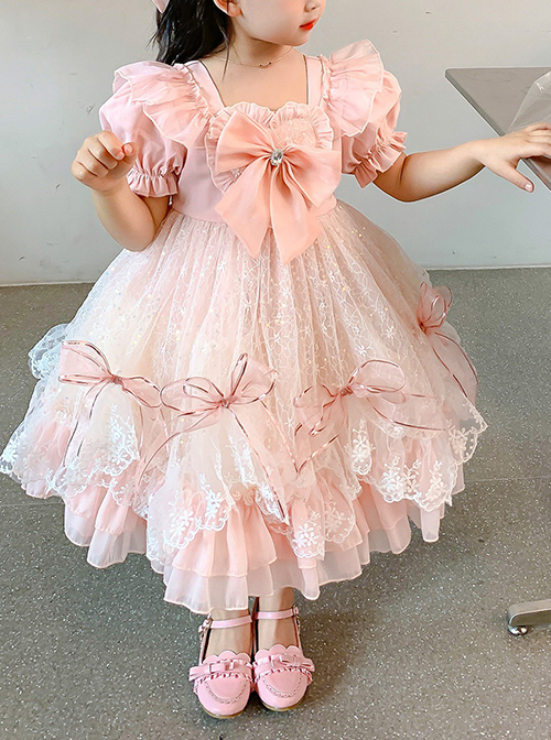 Pink Lace Pleated Bow Knot Classic Lolita Pink Puff Sleeves Kid Dress