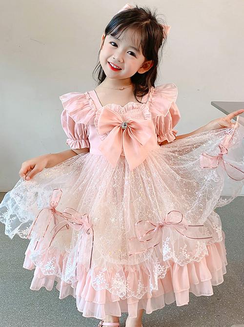 Pink Lace Pleated Bow Knot Classic Lolita Pink Puff Sleeves Kid Dress