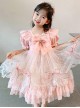 Pink Lace Pleated Bow Knot Classic Lolita Pink Puff Sleeves Kid Dress