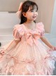 Pink Lace Pleated Bow Knot Classic Lolita Pink Puff Sleeves Kid Dress