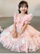 Pink Lace Pleated Bow Knot Classic Lolita Pink Puff Sleeves Kid Dress