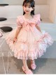 Pink Lace Pleated Bow Knot Classic Lolita Pink Puff Sleeves Kid Dress