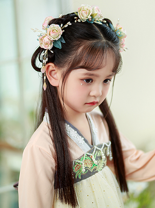 Chinese Style Hanfu Exquisite Three-Dimensional Roses And Pearls With Fringe Decoration Kid Hair Accessories Set