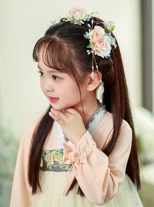 Chinese Style Hanfu Exquisite Three-Dimensional Roses And Pearls With Fringe Decoration Kid Hair Accessories Set