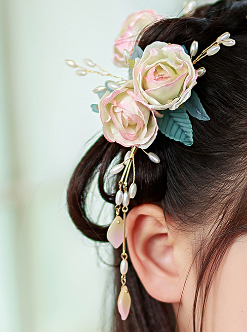 Chinese Style Hanfu Exquisite Three-Dimensional Roses And Pearls With Fringe Decoration Kid Hair Accessories Set