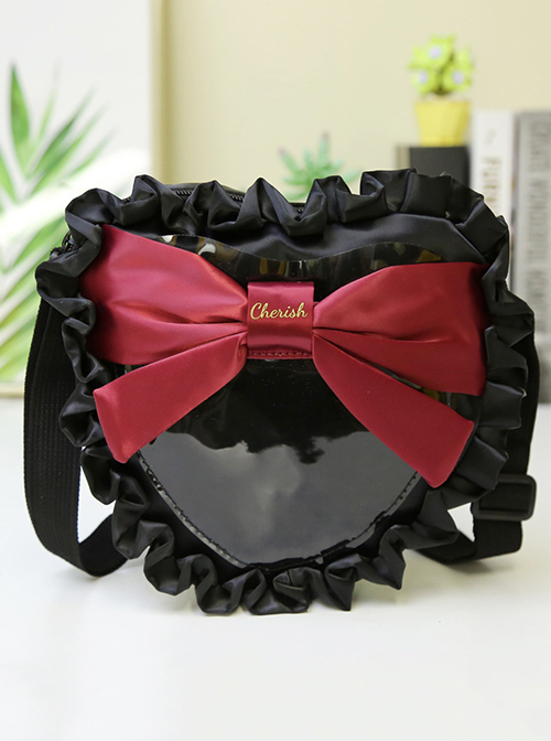 Black Heart Shape Pleated Ruffle Trim Red Big Bow Knot Decoration Classic Lolita Kid Messenger Bag