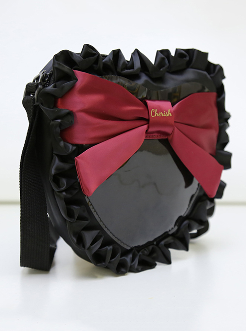 Black Heart Shape Pleated Ruffle Trim Red Big Bow Knot Decoration Classic Lolita Kid Messenger Bag