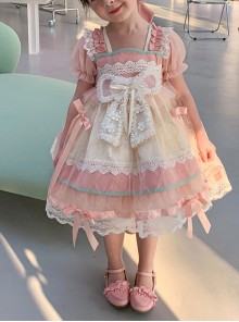 Cute Sweet Pleated Ruffled Lace Jacquard Big Bow Knot Design Classic Lolita Kid Dress