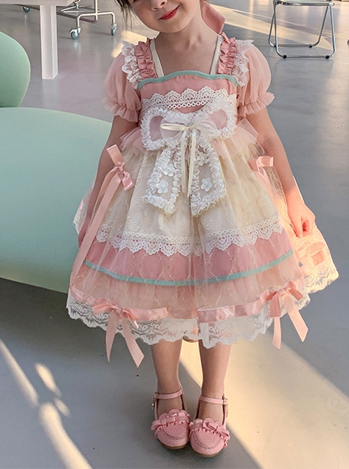 Cute Sweet Pleated Ruffled Lace Jacquard Big Bow Knot Design Classic Lolita Kid Dress 