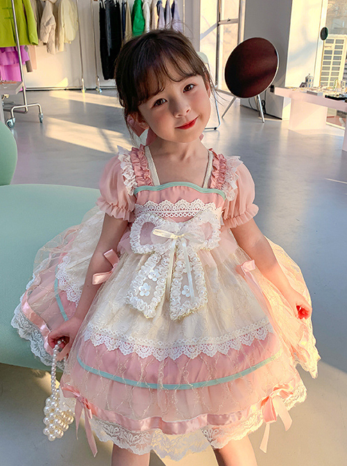 Cute Sweet Pleated Ruffled Lace Jacquard Big Bow Knot Design Classic Lolita Kid Dress