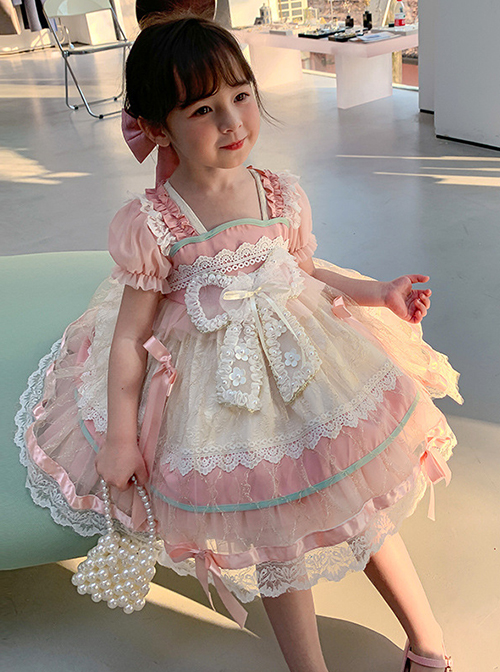 Cute Sweet Pleated Ruffled Lace Jacquard Big Bow Knot Design Classic Lolita Kid Dress