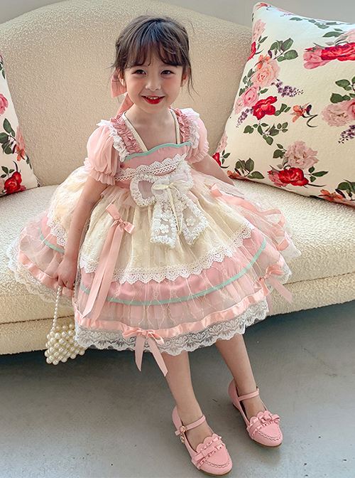 Cute Sweet Pleated Ruffled Lace Jacquard Big Bow Knot Design Classic Lolita Kid Dress