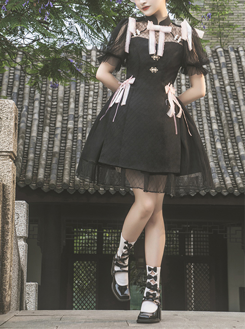 Moonlight Dream Chinese Style Improved Cheongsam Jacquard Lace Bow Knot Decoration Metal Buckle Classic Lolita Dress