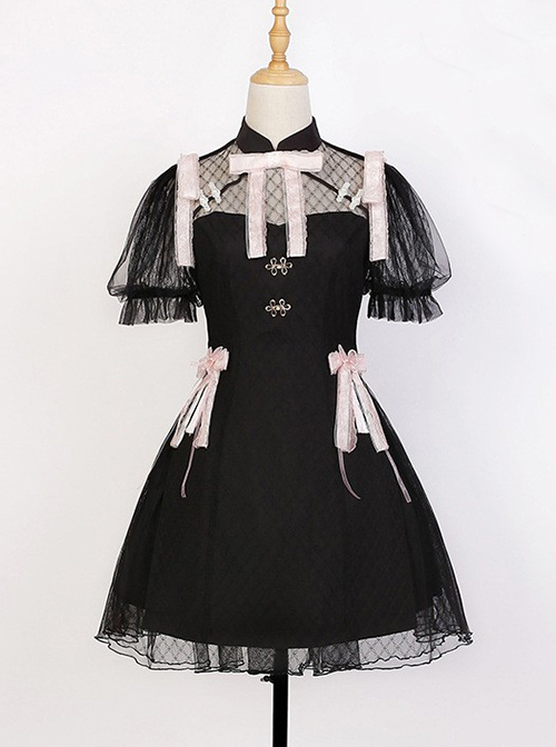 Moonlight Dream Chinese Style Improved Cheongsam Jacquard Lace Bow Knot Decoration Metal Buckle Classic Lolita Dress