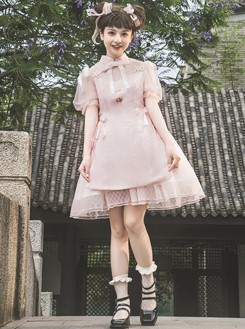 Moonlight Dream Chinese Style Improved Cheongsam Jacquard Lace Bow Knot Decoration Metal Buckle Classic Lolita Dress