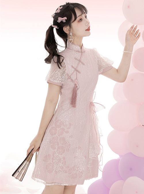 Pink Jacquard Embroidery Chinese Style Improved Cheongsam Jacquard Lace Bow Knot Stand Collar Plate Buckle Tassel Decoration Classic Lolita Dress