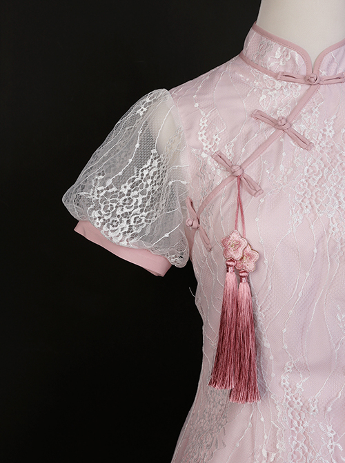 Pink Jacquard Embroidery Chinese Style Improved Cheongsam Jacquard Lace Bow Knot Stand Collar Plate Buckle Tassel Decoration Classic Lolita Dress