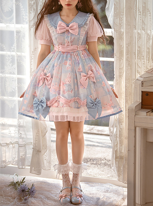 Cherry Blossom Candy Paper Series Sweet Girl Graphic Print Decoration Bow Knot Doll Neckline Classic Lolita Short Sleeve Dress