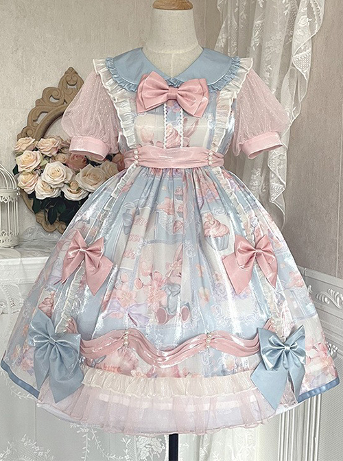 Cherry Blossom Candy Paper Series Sweet Girl Graphic Print Decoration Bow Knot Doll Neckline Classic Lolita Short Sleeve Dress