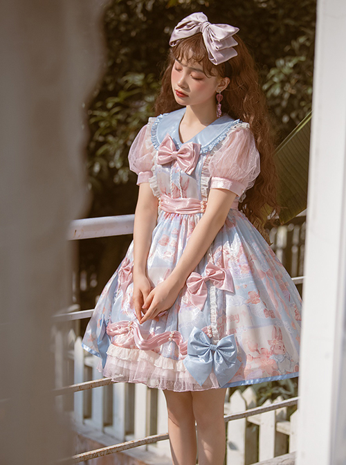 Cherry Blossom Candy Paper Series Sweet Girl Graphic Print Decoration Bow Knot Doll Neckline Classic Lolita Short Sleeve Dress