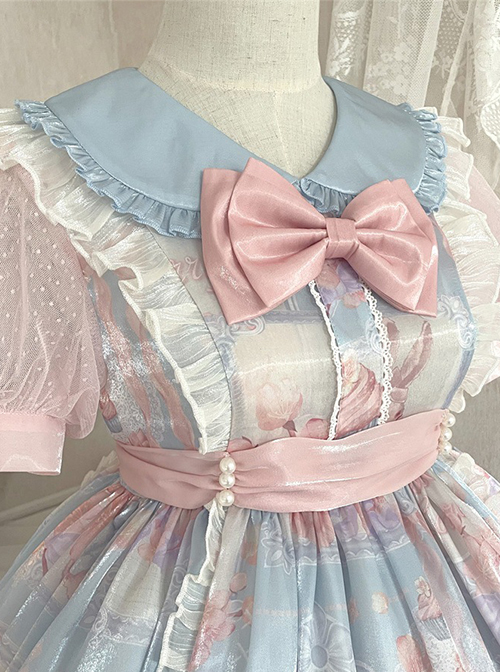 Cherry Blossom Candy Paper Series Sweet Girl Graphic Print Decoration Bow Knot Doll Neckline Classic Lolita Short Sleeve Dress