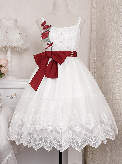 Rose Poem Series Elegant White Graphic Lace Jacquard Embroidery Red Rose Bow Knot Belt Decoration Classic Lolita Dress
