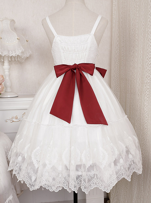 Rose Poem Series Elegant White Graphic Lace Jacquard Embroidery Red Rose Bow Knot Belt Decoration Classic Lolita Dress