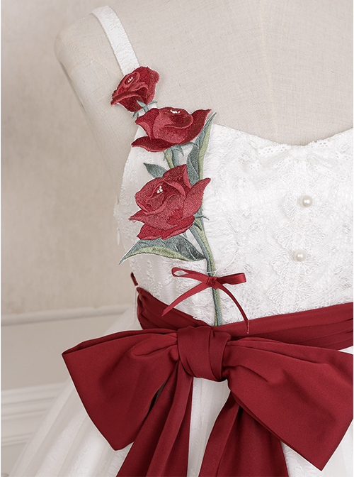 Rose Poem Series Elegant White Graphic Lace Jacquard Embroidery Red Rose Bow Knot Belt Decoration Classic Lolita Dress