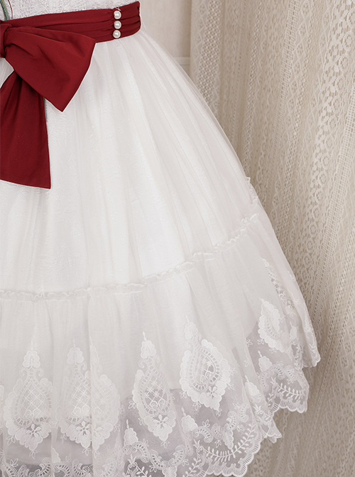 Rose Poem Series Elegant White Graphic Lace Jacquard Embroidery Red Rose Bow Knot Belt Decoration Classic Lolita Dress