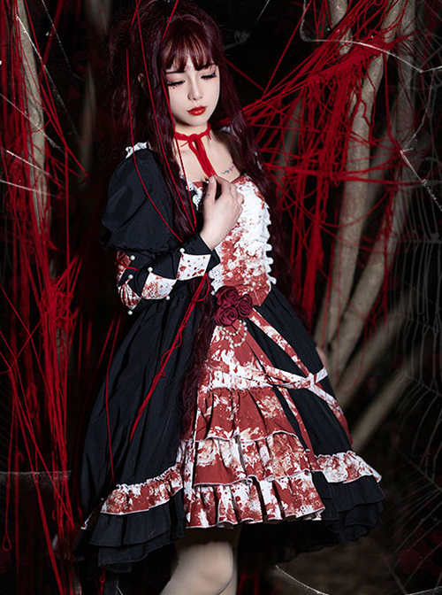 Blood Stained Series Dark Folds Bloodstained Decoration Detachable Rosette Slit Triple Hem Trim Long Sleeve Pearl Trim Gothic Lolita Dress