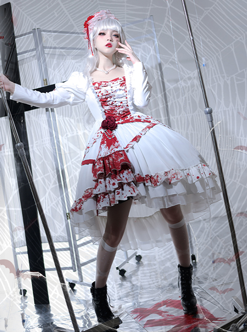 Blood Stained Series Dark Folds Bloodstained Decoration Detachable Rosette Slit Triple Hem Trim Long Sleeve Pearl Trim Gothic Lolita Dress