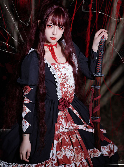 Blood Stained Series Dark Folds Bloodstained Decoration Detachable Rosette Slit Triple Hem Trim Long Sleeve Pearl Trim Gothic Lolita Dress