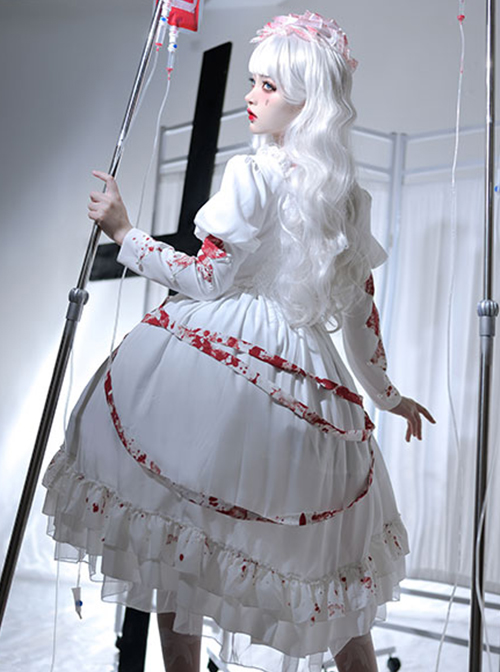 Blood Stained Series Dark Folds Bloodstained Decoration Detachable Rosette Slit Triple Hem Trim Long Sleeve Pearl Trim Gothic Lolita Dress