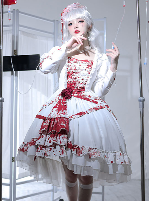 Blood Stained Series Dark Folds Bloodstained Decoration Detachable Rosette Slit Triple Hem Trim Long Sleeve Pearl Trim Gothic Lolita Dress