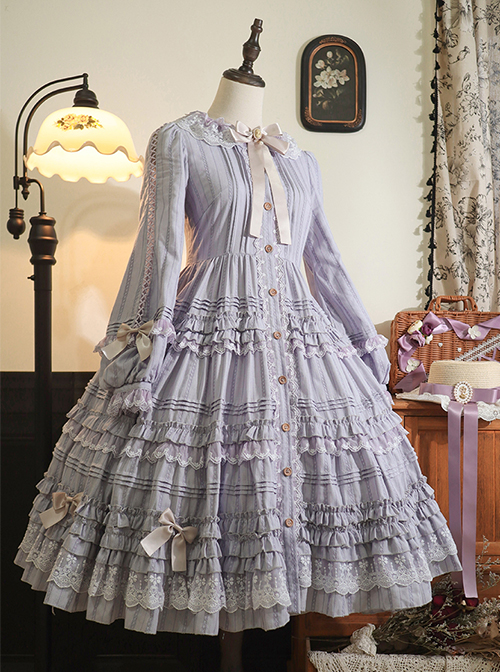 Tasha'S Garden Series Purple Multi-Layer Pleats Hem Elegant Retro Bow Knot Long Sleeve Classic Lolita Dress