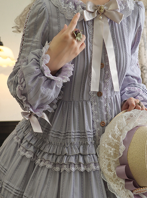 Tasha'S Garden Series Purple Multi-Layer Pleats Hem Elegant Retro Bow Knot Long Sleeve Classic Lolita Dress