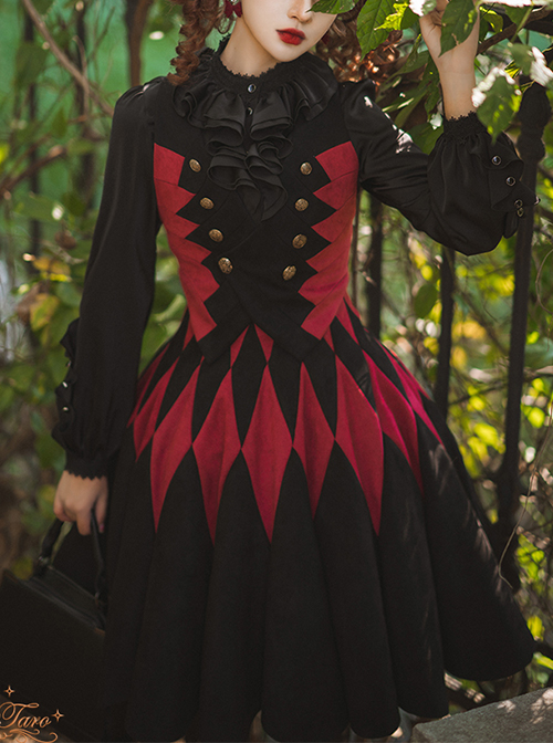 Black Forest Series Halloween Style Rhombus Red And Black Plaid Design Double Row Metal Buttons Classic Lolita Vest