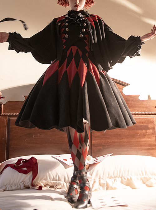 Black Forest Series Halloween Style Elegant Pleated Hem Rhombus Red And Black Plaid Waist Design Classic Lolita Skirt