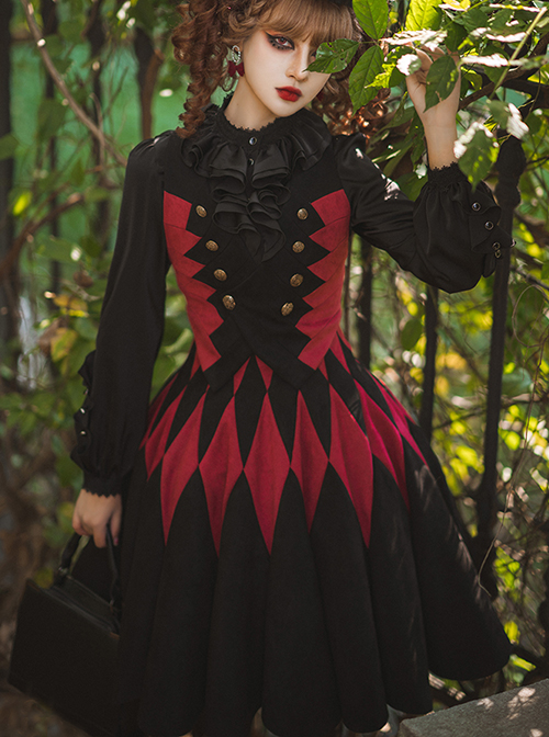 Black Forest Series Halloween Style Elegant Pleated Hem Rhombus Red And Black Plaid Waist Design Classic Lolita Skirt