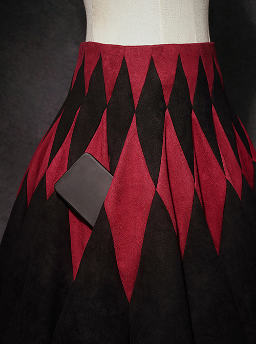 Black Forest Series Halloween Style Elegant Pleated Hem Rhombus Red And Black Plaid Waist Design Classic Lolita Skirt