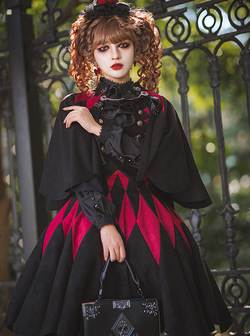 Black Forest Series Halloween Style Irregular Cut Hem Red Rhombus Pattern Design Classic Lolita Cape